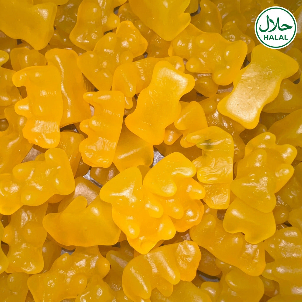 A close-up image of yellow bear-shaped gummy candies.