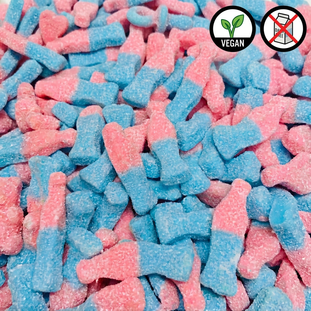 A close-up image of pink and blue fizzy bubblegum candies.