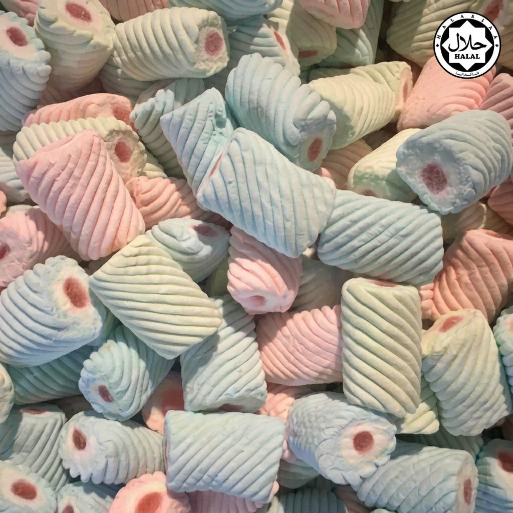 A close-up of twisted marshmallow candies in assorted pastel colors.