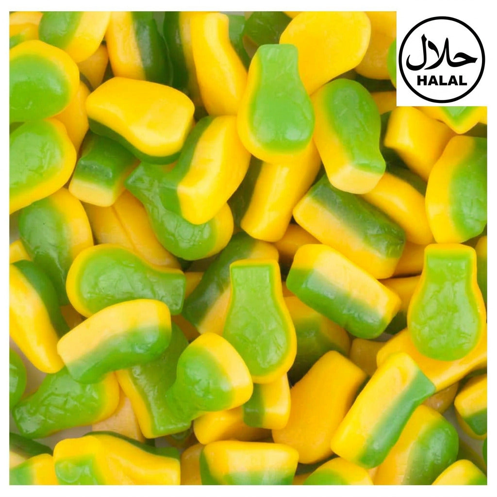 A close-up image of small, yellow and green lolly bags, with a focus on the texture and color variation of the candies.
