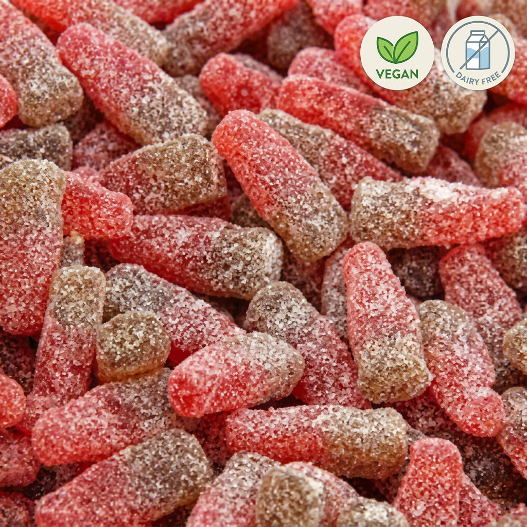 A collection of red and yellow sour cola bottle candies.