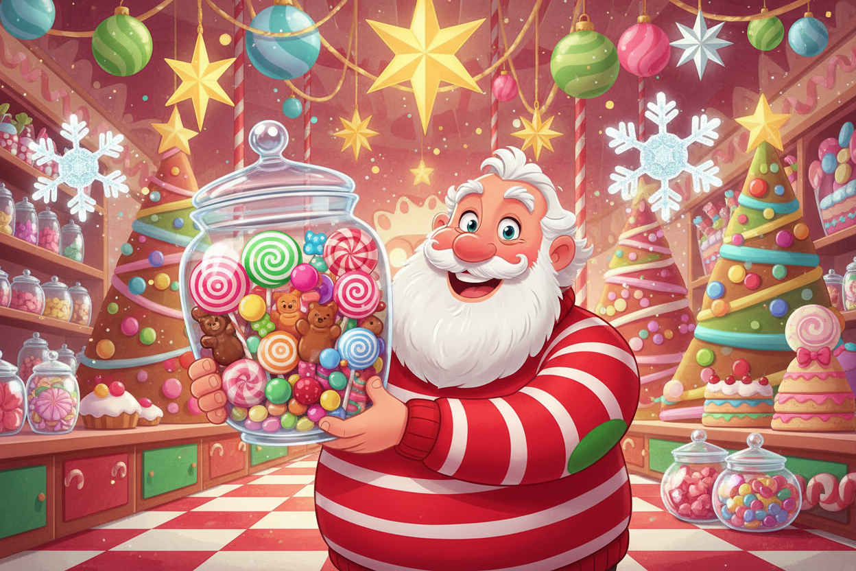 Animated Christmas with man holding candy jar 